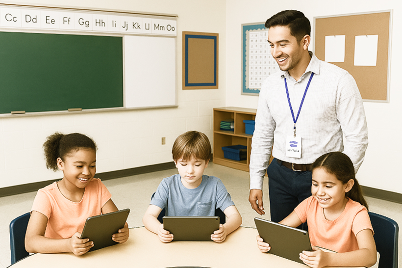 Group of students in a classroom with a tutor